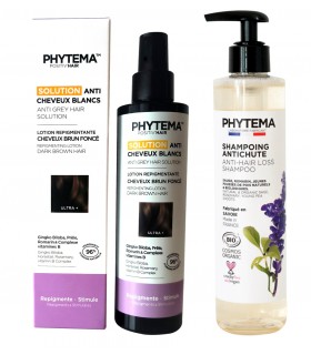 Set Ultra Plus pentru refacere culoare naturala par alb sau grizonat si sampon anticadere bio Phytema. Pentru femei si barbati.