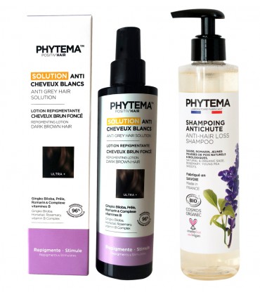 Set Ultra Plus pentru refacere culoare naturala par alb sau grizonat si sampon anticadere bio Phytema. Pentru femei si barbati.