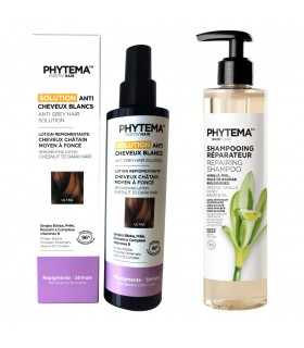 Set solutie Ultra refacere naturala a parului alb sau grizonat si sampon Bio reparator par uscat, fragil. Phytema.
