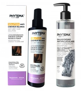 Set solutie Ultra refacere naturala a parului alb sau grizonat si sampon Bio antimatreata, Phytema.